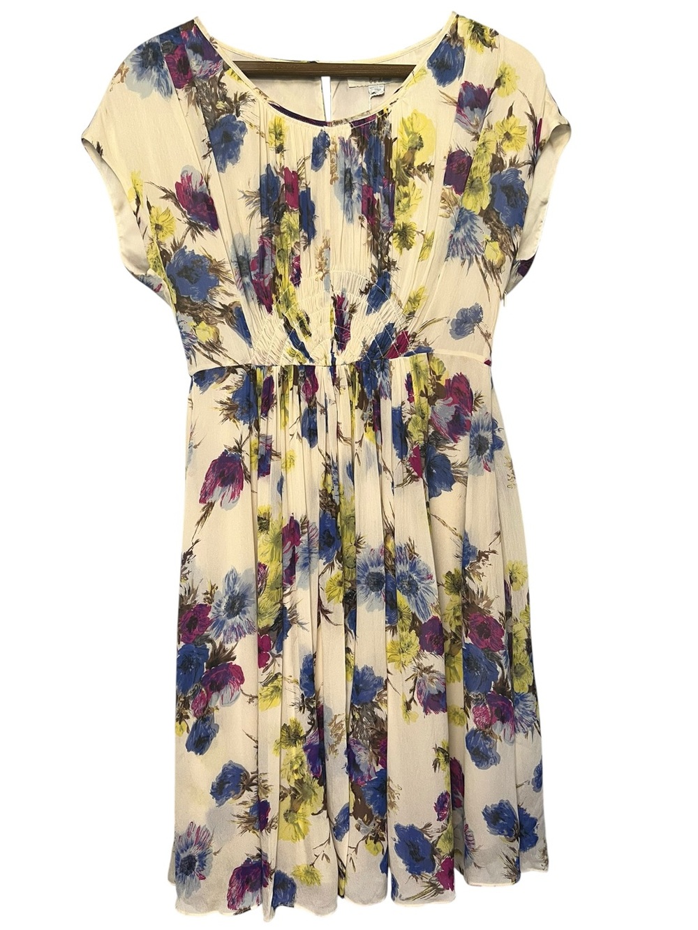 Flowy Artsy Boden Cream Floral Chiffon Ruched Empire Waist Midi Dress Size 6 NEW